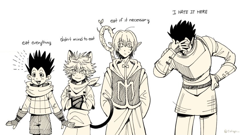 4boys, :3, adapted_costume, alternate_species, ambrosia_(dungeon_meshi), animal_ears, arm_guards, armor