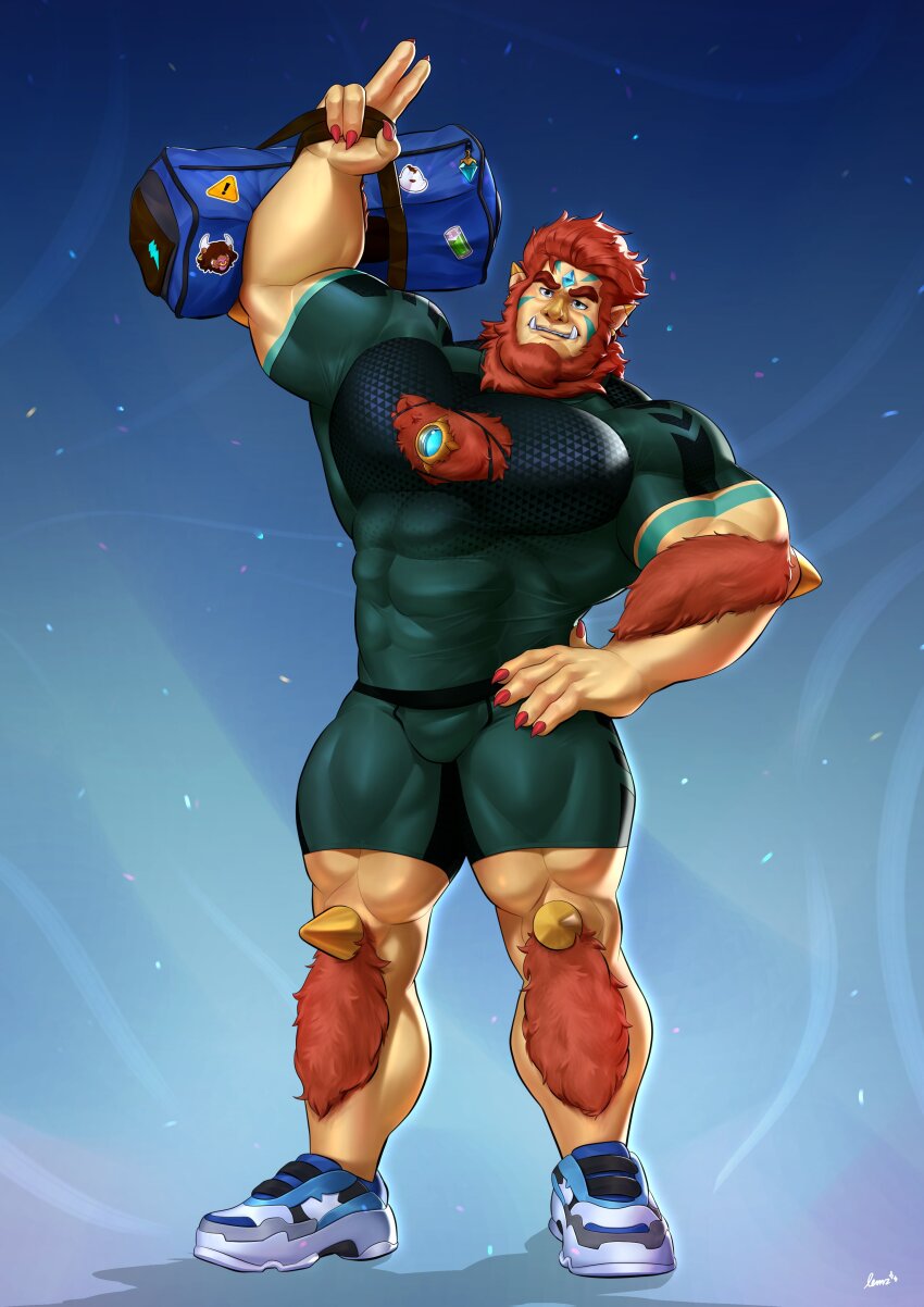 1boy, absurdres, alternate_costume, arm_up, bag, bara, beard, biceps
