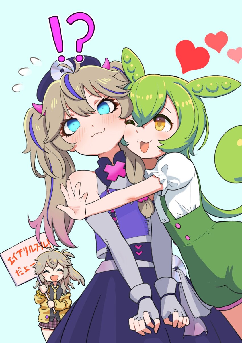 !?, :3, ^_^, april_fools, bare_shoulders, black_shirt, blue_background, blue_eyes