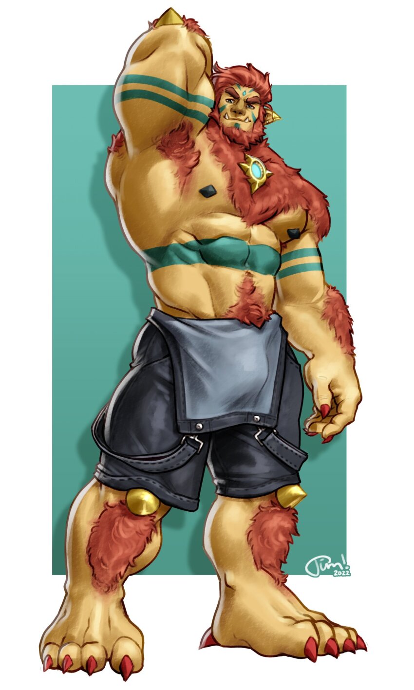 1boy, armpits, bara, beard, body_markings, body_modification, bulge, chest_jewel, clothes_down, colored_skin, cyborc_(retrosharkspike), cyborg, denim_overalls, earrings, facial_hair, forehead_jewel, full_beard, full_body, highres, huge_eyebrows, jewelry, large_feet, large_hands, large_pectorals, male_focus, mature_male, monster_boy, muscular, muscular_male, orange_fur, orc, original, pectorals, pointy_ears, rumlockerart, second-party_source, sharp_toenails, short_hair, solo, standing, thick_beard, toenails, triceps, tusks, yellow_skin