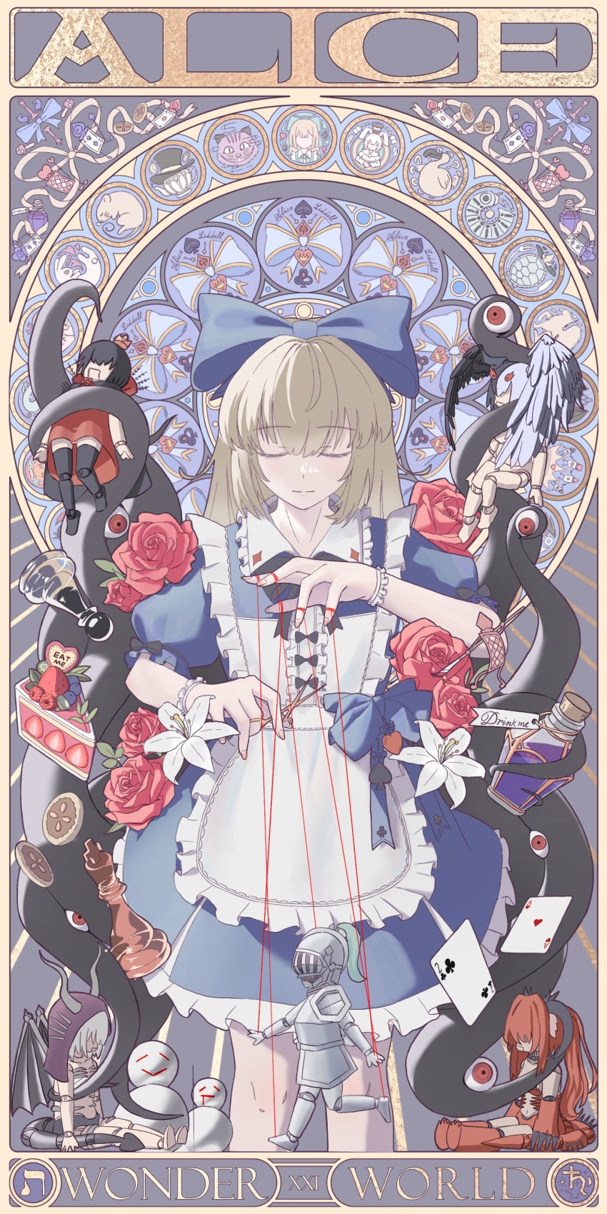 1girl, absurdres, ace_(playing_card), ace_of_diamonds, ace_of_hearts, alice_(black_souls), animalization, apron