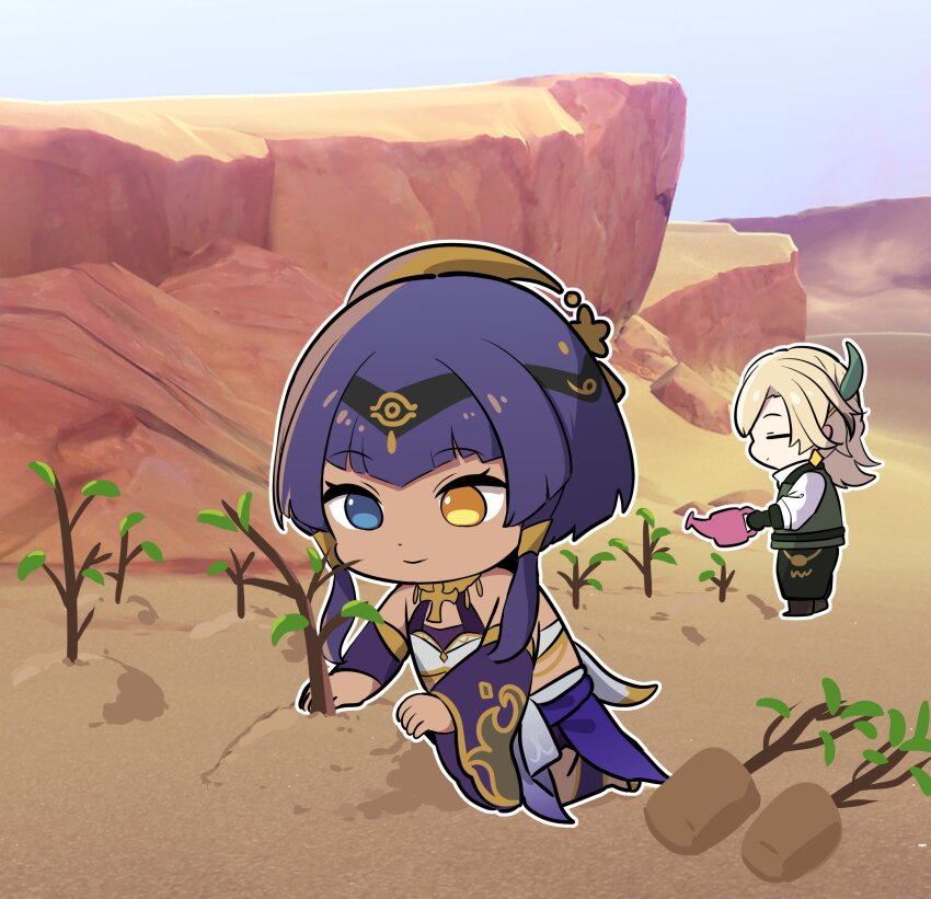 1boy, 1girl, absurdres, ancient_egyptian_clothes, ankh, black_gloves, black_hairband, black_pants, blonde_hair, blue_eyes, blue_sky, boots, brown_footwear, candace_(genshin_impact), chibi, closed_eyes, closed_mouth, commentary, crop_top, dark-skinned_female, dark_skin, day, desert, detached_sleeves, earrings, english_commentary, eye_of_horus, eyelashes, feather_hair_ornament, feathers, game_screenshot_background, genshin_impact, gloves, green_vest, hair_between_eyes, hair_ornament, hairband, heterochromia, highres, holding, holding_watering_can, jewelry, kaveh_(discovery)_(genshin_impact), kaveh_(genshin_impact), kneeling, long_hair, long_sleeves, mountain, neck_ring, official_alternate_costume, on_ground, ooyun, outdoors, outline, pants, planting, purple_hair, purple_sleeves, sand, screenshot_background, shirt, short_hair_with_long_locks, sidelocks, sky, smile, standing, vest, watering, watering_can, white_outline, white_shirt, wide_sleeves, yellow_eyes