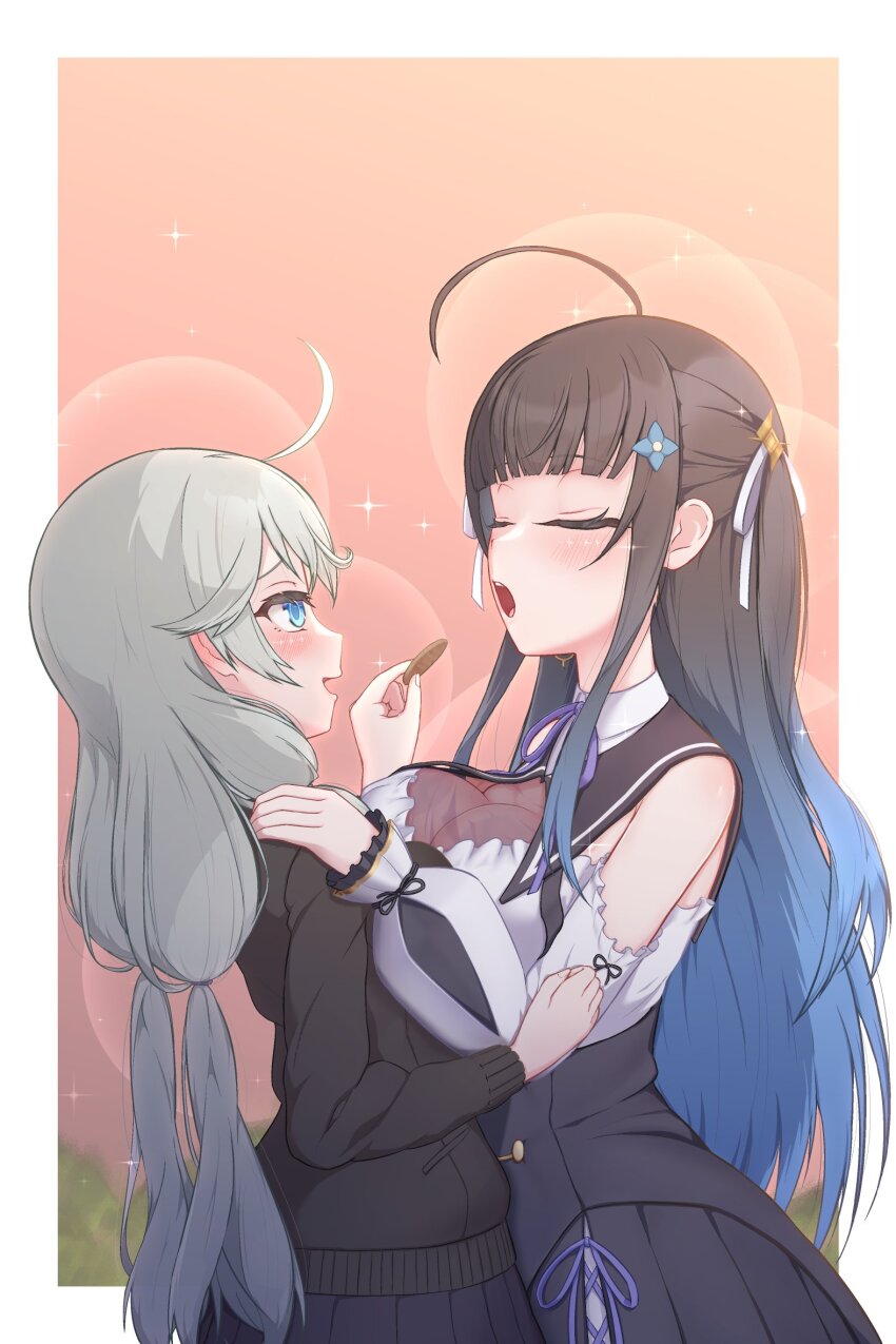 2girls, ahoge, assault_lily, asymmetrical_docking, black_cardigan, black_hair, blue_eyes, blue_hair, blunt_bangs, blurry, blurry_background, blush, border, breast_press, breasts, bush, cardigan, closed_eyes, collared_shirt, commentary_request, cookie, cowboy_shot, cross-laced_slit, detached_sleeves, evening, facing_another, feeding, food, frilled_sleeves, frills, from_side, gradient_hair, grey_hair, hair_ribbon, hand_on_another's_arm, hand_on_another's_shoulder, hand_up, hands_up, highres, holding, holding_cookie, holding_food, kanabako_misora, large_breasts, long_hair, long_sleeves, looking_at_another, low_twintails, mozuna_noa, multicolored_hair, multiple_girls, neck_ribbon, open_mouth, orange_sky, outdoors, outside_border, pleated_skirt, profile, purple_ribbon, raised_eyebrows, ribbon, school_uniform, see-through_clothes, shirt, side_slit, sidelocks, skirt, sky, sleeveless, sleeveless_shirt, sleeves_past_wrists, smile, sparkle, standing, twintails, two-tone_hair, two_side_up, ueharu, underbust, very_long_hair, white_border, white_ribbon, yuri, yurigaoka_girls_academy_school_uniform