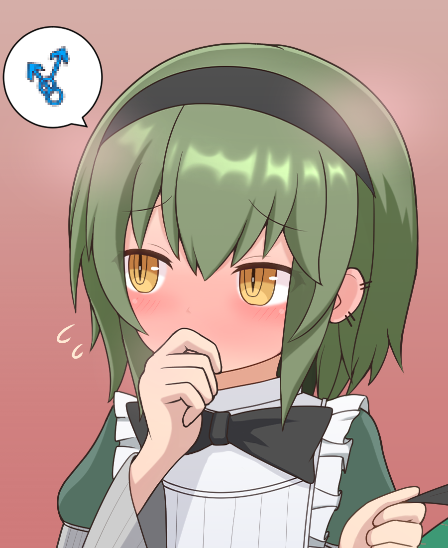 1boy, bad_anatomy, bad_hands, bill_(black_souls), black_bow, black_bowtie, black_hairband, black_souls, black_souls_2, blush, bow, bowtie, clothes_tug, ear_piercing, flying_sweatdrops, full-face_blush, green_hair, hairband, hand_up, looking_to_the_side, piercing, pink_background, portrait, ringed_eyes, short_hair, sidelocks, simple_background, slit_pupils, solo, trap, udododo