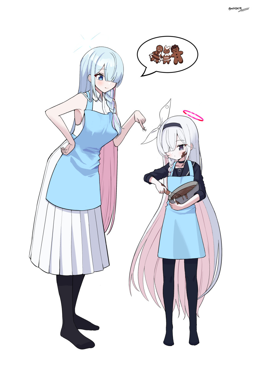 2girls, alternate_costume, apron, aqua_hair, armpits, black_eyes, black_pantyhose, black_serafuku, blue_apron, blue_archive, blue_eyes, blunt_bangs, bowl, braid, cameo, chocolate, chocolate_making, chocolate_on_face, collarbone, colored_inner_hair, commentary_request, cookie, doodle_sensei_(blue_archive), dual_wielding, food, food_on_face, full_body, general_student_council_president_(blue_archive), hair_over_one_eye, hairband, halo, height_difference, highres, holding, holding_bowl, holding_whisk, jetihyeon, long_hair, long_sleeves, looking_at_another, multicolored_hair, multiple_girls, pantyhose, parted_bangs, plana_(blue_archive), pointing, school_uniform, sensei_(blue_archive), serafuku, shirt, sidelocks, simple_background, single_braid, skirt, sleeveless, sleeveless_shirt, smile, spoken_object, standing, transparent_background, two-tone_hair, very_long_hair, whisk, white_hair, white_shirt, white_skirt