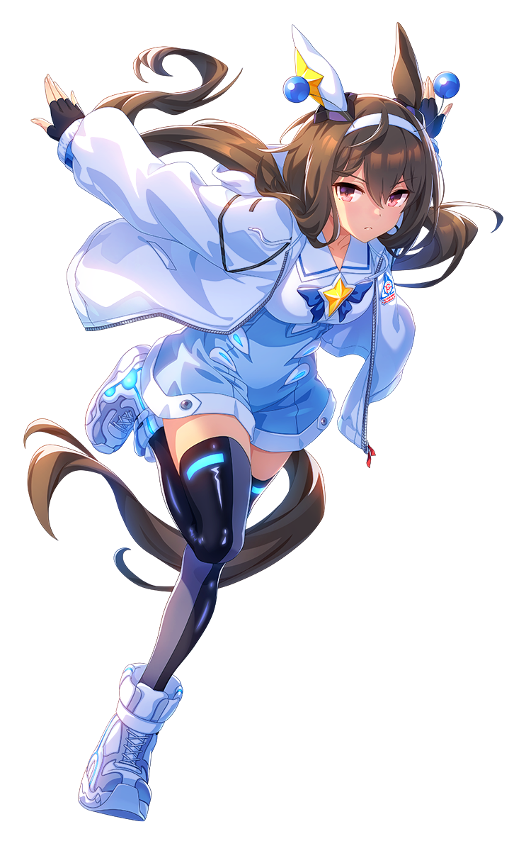 1girl, admire_vega_(uma_stars)_(umamusume), admire_vega_(umamusume), animal_ears, boots, breasts, brown_hair, closed_mouth, collarbone, fingerless_gloves, gloves, hair_between_eyes, hair_ornament, headband, horse_ears, horse_girl, jacket, leg_up, long_hair, looking_at_viewer, medium_breasts, official_art, ponytail, solo, standing, standing_on_one_leg, thighhighs, umamusume