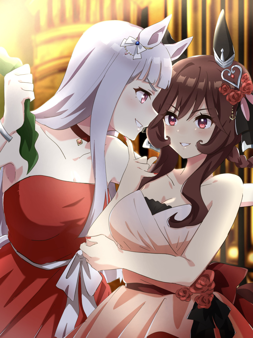 absurdres, alternate_costume, animal_ears, bare_shoulders, blunt_bangs, breasts, brown_hair, choker, cleavage, collarbone, dress, ear_covers, gentildonna_(umamusume), gold_ship_(umamusume), grey_hair, hair_between_eyes, highres, horse_ears, horse_girl, large_breasts, long_hair, looking_at_another, nk-43g, pink_dress, purple_eyes, red_choker, red_dress, red_eyes, sleeveless, sleeveless_dress, umamusume, wakame_(seaweed)