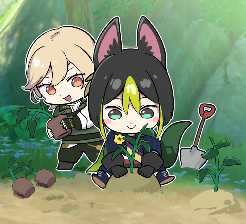 2boys, :d, absurdres, animal_ear_fluff, animal_ears, asymmetrical_sleeves, black_gloves, black_hair, blonde_hair, blue_footwear, blue_pants, blunt_ends, blush, blush_stickers, boots, brown_eyes, brown_footwear, cape, chibi, closed_mouth, commentary, day, dirt, earrings, english_commentary, fingerless_gloves, flower, fox_boy, fox_ears, fox_tail, game_screenshot_background, genshin_impact, gloves, grass, green_cape, green_eyes, green_gloves, green_hair, green_pants, green_vest, hair_between_eyes, highres, hood, hood_down, hoodie, jewelry, kaveh_(discovery)_(genshin_impact), kaveh_(genshin_impact), long_sleeves, looking_down, male_focus, multicolored_clothes, multicolored_eyes, multicolored_hair, multiple_boys, official_alternate_costume, on_ground, ooyun, open_mouth, outdoors, outline, pants, plant, planted, planted_shovel, planting, red_eyes, rock, screenshot_background, shirt, short_hair, short_sleeves, shovel, sidelocks, single_earring, sitting, smile, standing, streaked_hair, tail, tighnari_(genshin_impact), tree, uneven_sleeves, vest, white_outline, white_shirt, yellow_flower