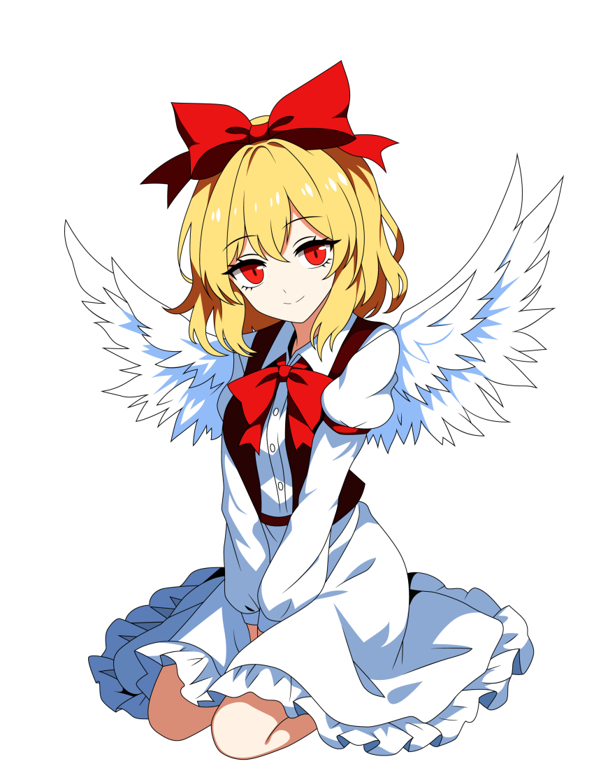 1girl, absurdres, angel_wings, between_legs, blonde_hair, bow, bowtie, breasts