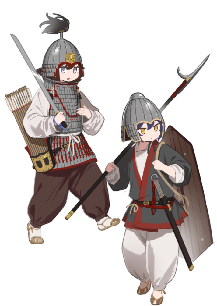 2girls, armor, chinese_armor, chinese_clothes, chinese_empire, dagger_axe, fangdan_runiu, hanfu, helmet, holding, holding_polearm, holding_weapon, jitome, lamellar_armor, multiple_girls, over_shoulder, polearm, quiver, romance_of_the_three_kingdoms, sandals, shield, simple_background, weapon, weapon_over_shoulder, yellow_eyes