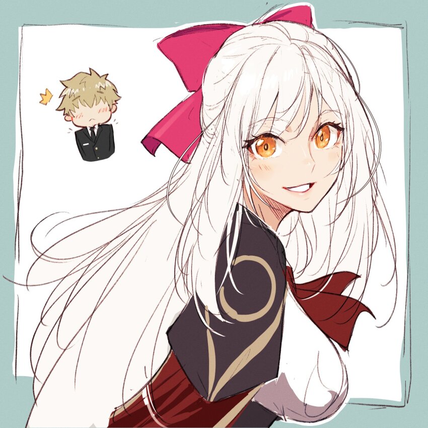 1boy, 1girl, ^^^, ascot, black_necktie, black_suit, blonde_hair, blush, border, bow, business_suit, celeste_mccoy, chibi, formal_clothes, from_side, green_border, hair_bow, highres, long_hair, looking_at_viewer, necktie, open_mouth, orange_eyes, outside_border, pink_bow, radialis, red_ascot, short_hair, sketch, smile, suit, tyrion_cuthbert, tyrion_cuthbert:_attorney_of_the_arcane, white_hair