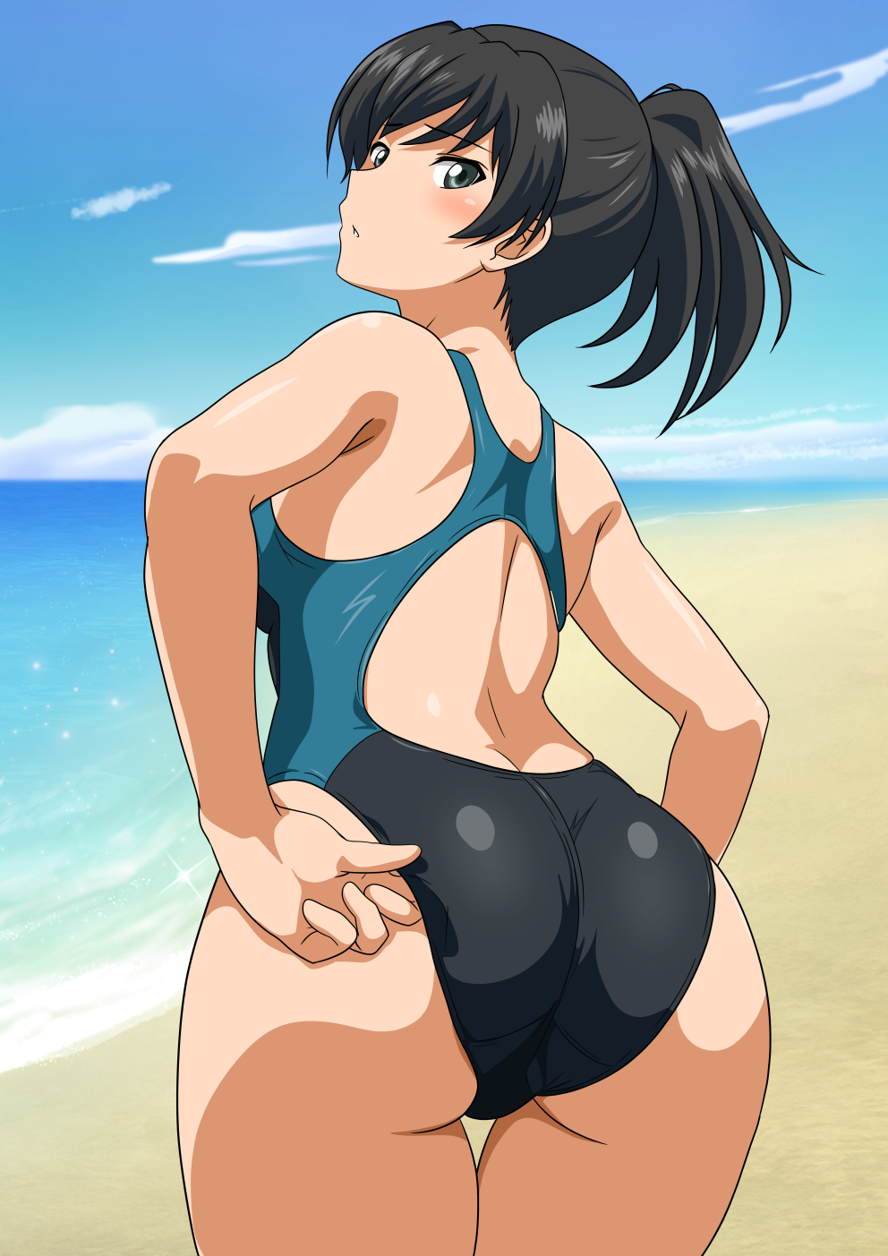 1girl, adjusting_clothes, adjusting_swimsuit, amagami, ass, beach, black_hair, black_one-piece_swimsuit
