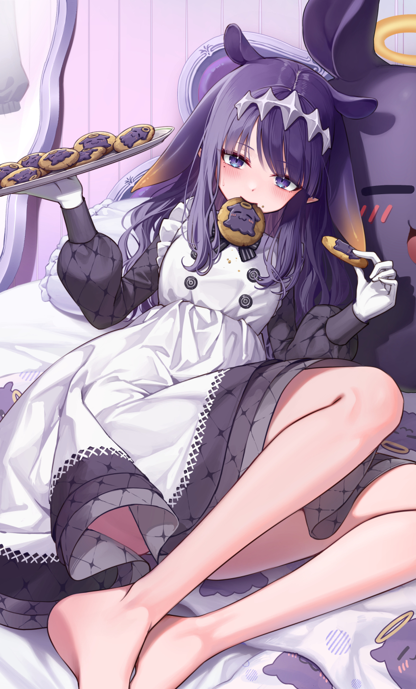 1girl, absurdres, apron, barefoot, black_dress, blush, cookie, curry_bowl, dress, feet, food, gloves, highres, hololive, hololive_english, long_hair, looking_at_viewer, mole, mole_under_eye, mouth_hold, ninomae_ina'nis, ninomae_ina'nis_(6th_costume), ninomae_ina'nis_(pastry_chef), official_alternate_costume, pointy_ears, purple_eyes, purple_hair, tentacle_hair, virtual_youtuber, white_apron, white_gloves