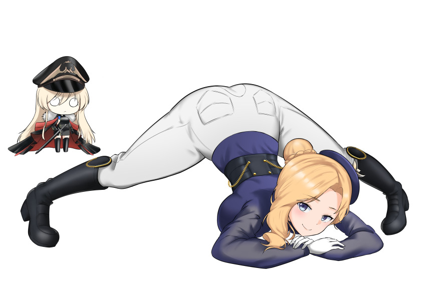 2girls, absurdres, ascot, azur_lane, bed_sheet, bismarck_(azur_lane), bismarck_zwei_(azur_lane), black_cape