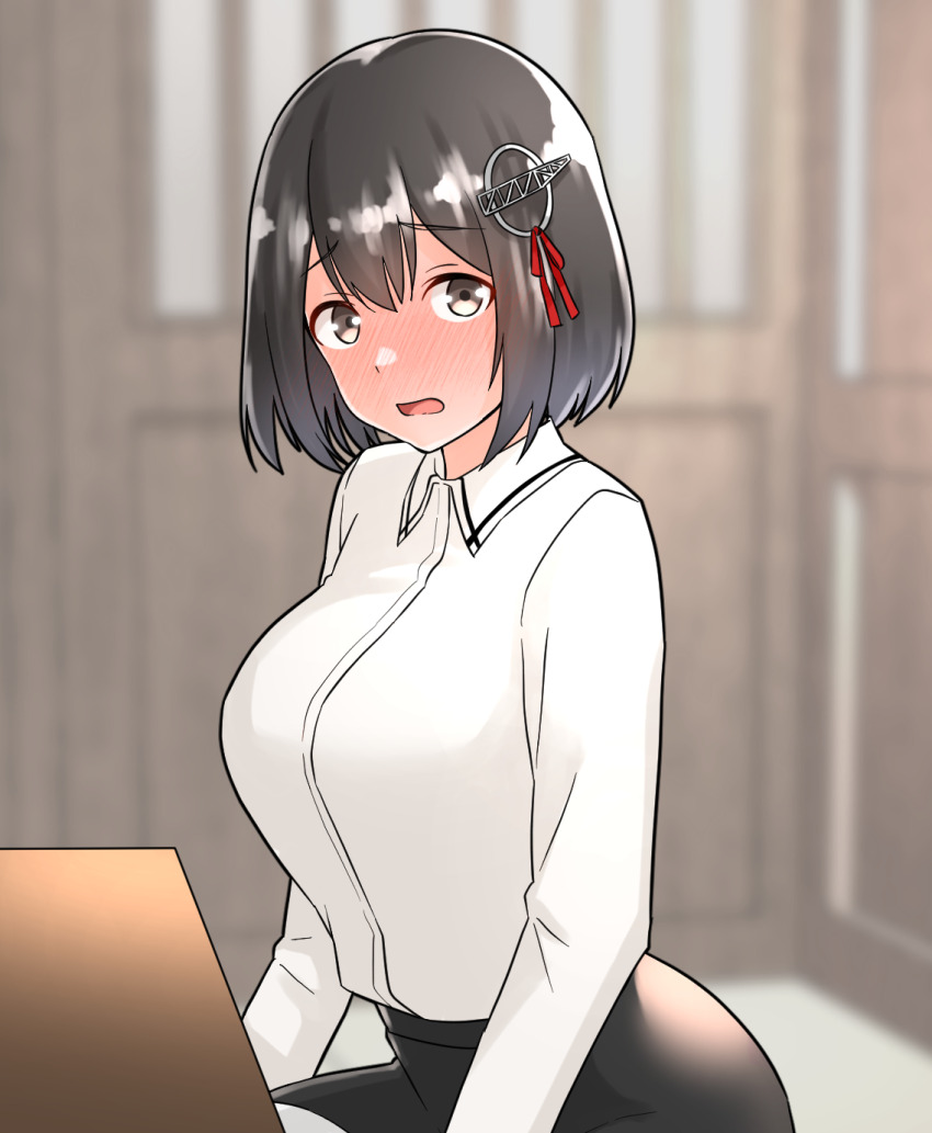 1girl, black_hair, black_skirt, blurry, blurry_background, blush, breasts, collared_shirt