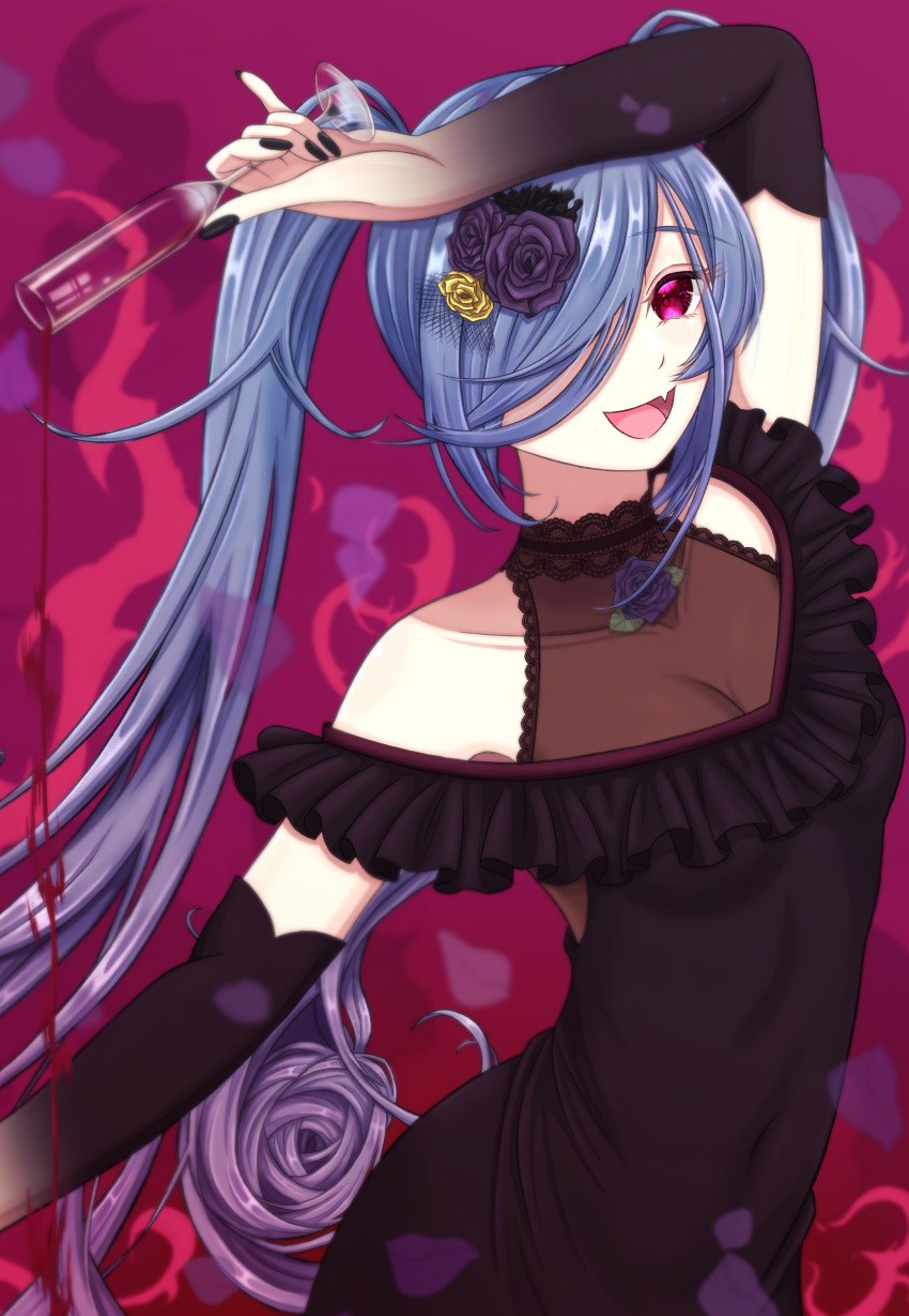 1girl, :d, absurdres, alcohol, arm_up, assiette47, bare_shoulders, black_dress