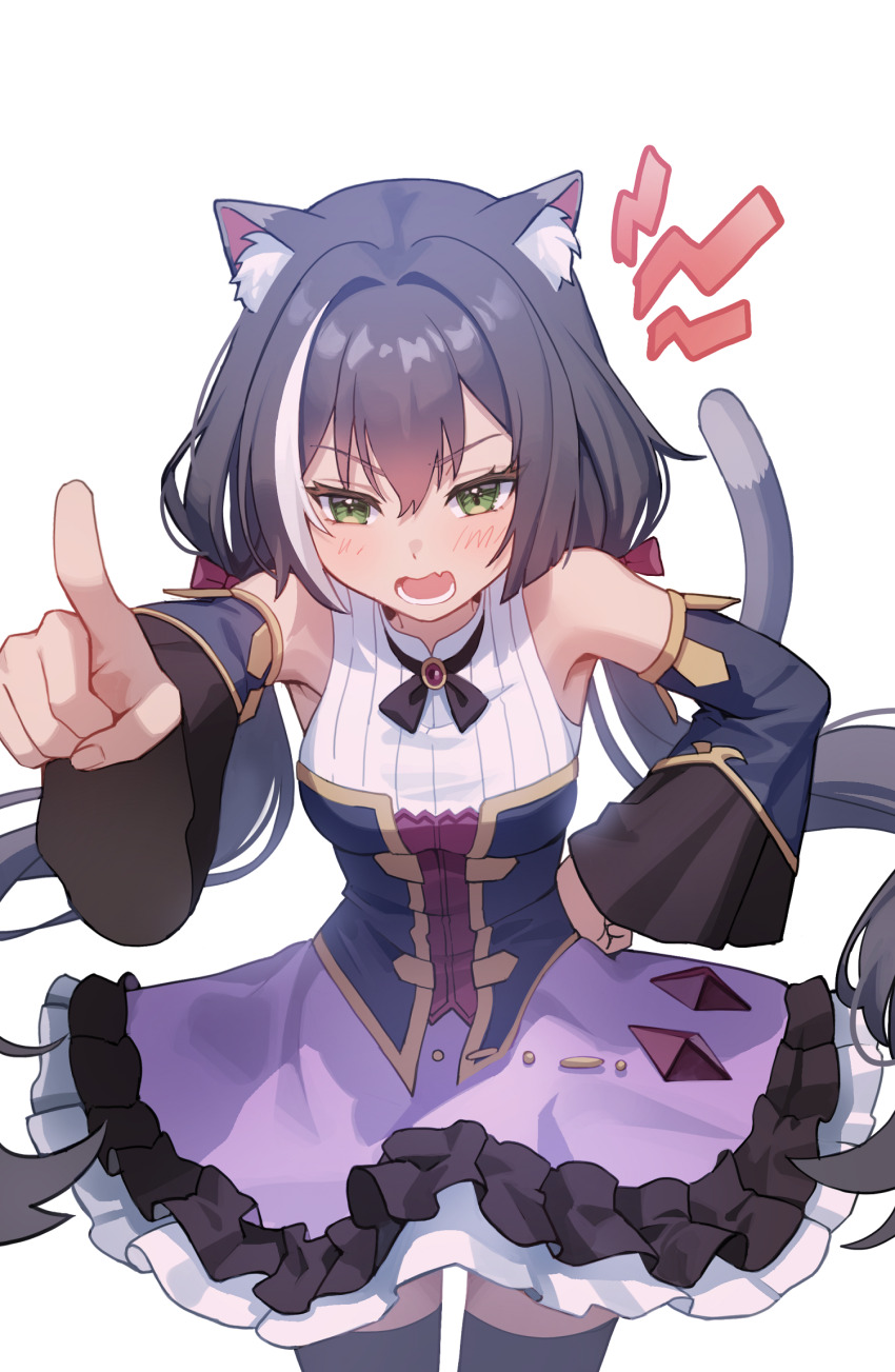 1girl, animal_ear_fluff, animal_ears, black_thighhighs, blue_dress, bow, brooch, brown_hair, cat_ears, cat_tail, cross_tie, detached_sleeves, dress, fang, floating_clothes, floating_hair, frilled_dress, frills, gem, gold_trim, green_eyes, hair_between_eyes, hair_bow, hair_intakes, hand_on_own_hip, highres, index_finger_raised, jewelry, karyl_(princess_connect!), leaning_forward, light_blush, long_hair, looking_at_viewer, low_twintails, multicolored_dress, multicolored_hair, newthi, open_mouth, outstretched_arm, pointing, pointing_at_viewer, princess_connect!, purple_dress, purple_gem, red_bow, shirt, shout_lines, sidelocks, simple_background, skin_fang, sleeveless, sleeveless_shirt, streaked_hair, tail, teeth, thighhighs, twintails, v-shaped_eyebrows, very_long_hair, white_background, white_shirt, wide_sleeves