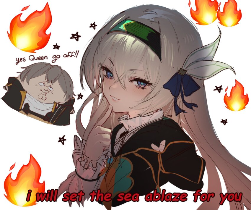 1boy, 1girl, black_jacket, blue_eyes, blue_ribbon, caelus_(honkai:_star_rail), caelus_(honkai:_star_rail)_(cosplay), cosplay, english_text, family_guy, fire, firefly_(honkai:_star_rail), green_hairband, grey_hair, hair_ribbon, hairband, highres, honkai:_star_rail, honkai_(series), index_finger_raised, jacket, kowai_(iamkowai), long_hair, looking_at_viewer, peter_griffin, ribbon, star_(symbol), trailblazer_(honkai:_star_rail)