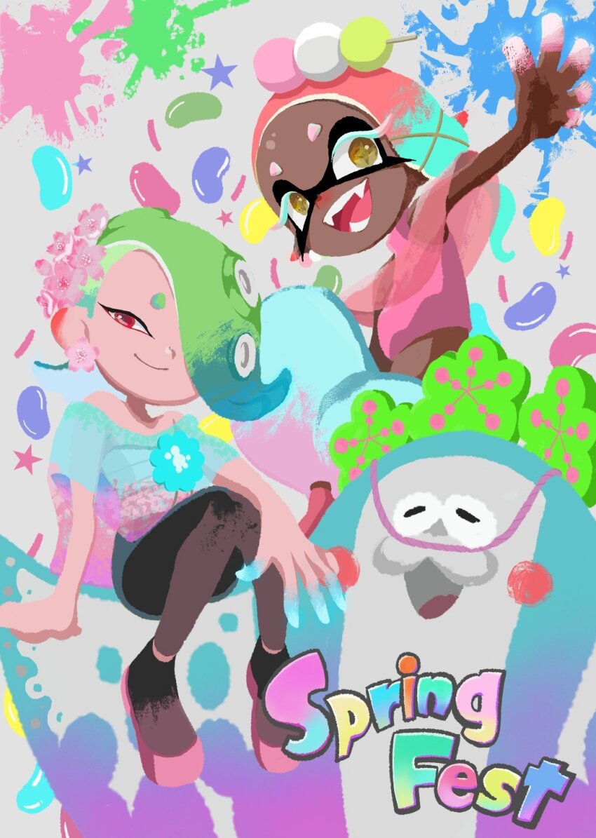 1boy, 2girls, atataka_soranko, big_man_(splatoon), big_man_(springfest)_(splatoon), black_pants, closed_mouth, colored_eyelashes