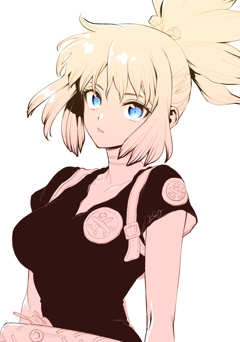 1girl, backpack, bag, belt_buckle, black_shirt, blonde_hair, blue_eyes, breasts, buckle, choker, commentary_request, dr._stone, emblem, kohaku_(dr._stone), long_hair, looking_at_viewer, medium_breasts, ninomae_gin, parted_lips, ponytail, rope_belt, shirt, short_sleeves, simple_background, solo, upper_body, v-neck, white_background