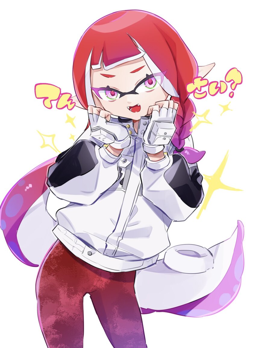 1girl, arms_up, braid, braided_sidelock, eyelashes, fangs, fingerless_gloves, gloves