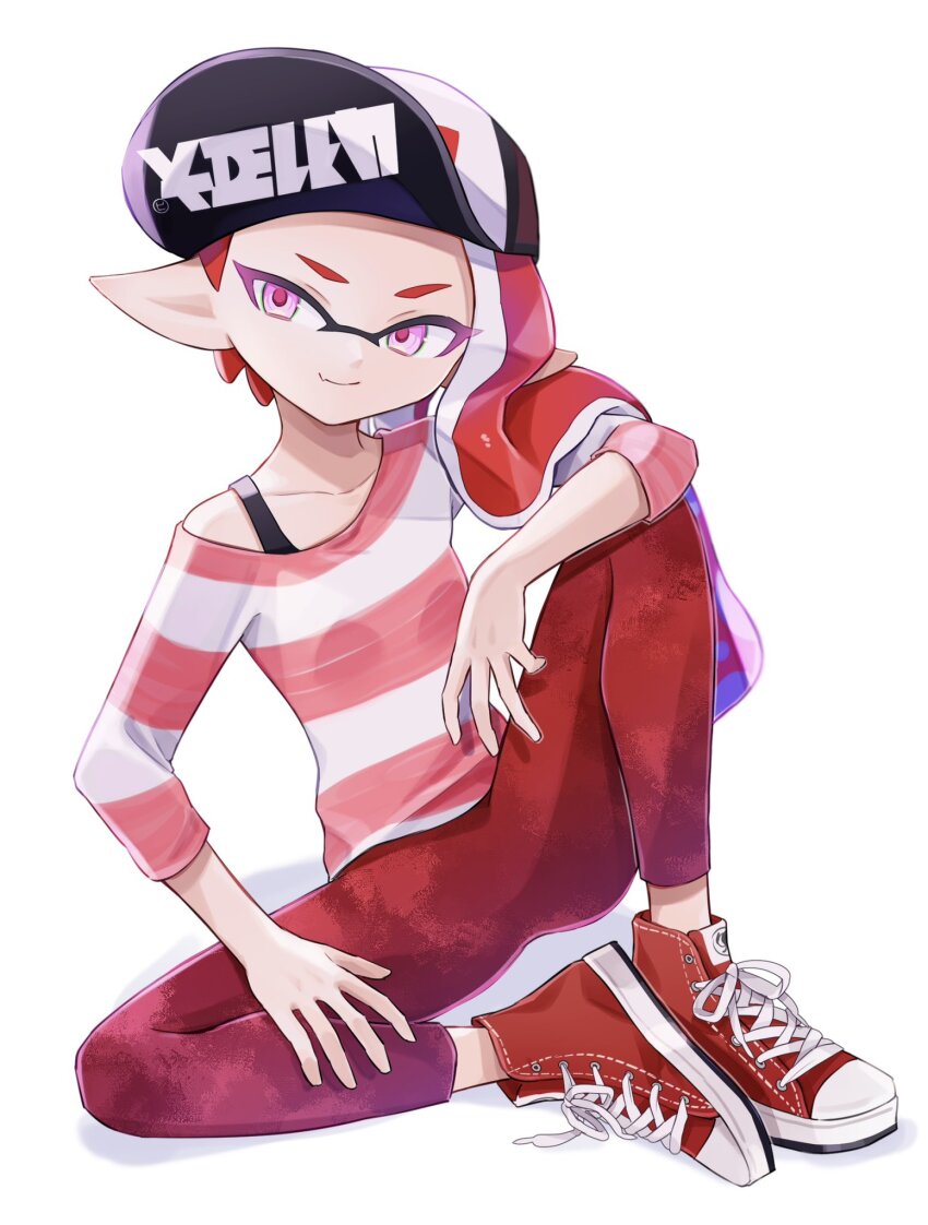 1girl, baseball_cap, closed_mouth, cross-laced_footwear, full_body, hat, highres, inkling