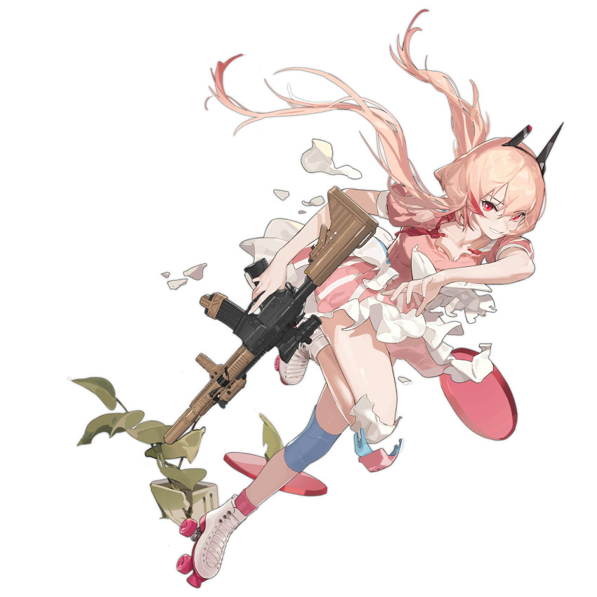 1girl, apron, assault_rifle, blonde_hair, carbine, dress, drinking_straw, full_body, girls'_frontline, grin, gun, hair_between_eyes, headgear, highres, holding, holding_gun, holding_weapon, knee_pads, looking_at_viewer, m4_carbine, m4_sopmod_ii_(girls'_frontline), m4_sopmod_ii_(racing_parfait)_(girls'_frontline), multicolored_hair, necktie, official_alternate_costume, official_art, pink_dress, pink_necktie, plant, potted_plant, puffy_short_sleeves, puffy_sleeves, red_eyes, red_hair, red_socks, rifle, roller_skates, scope, shoes, short_sleeves, simple_background, skates, smile, socks, solo, streaked_hair, suppressor, third-party_source, torn_apron, torn_clothes, torn_dress, torn_necktie, transparent_background, tray, trigger_discipline, umo_(mica_team), waitress, weapon, white_apron, white_background, white_shoes