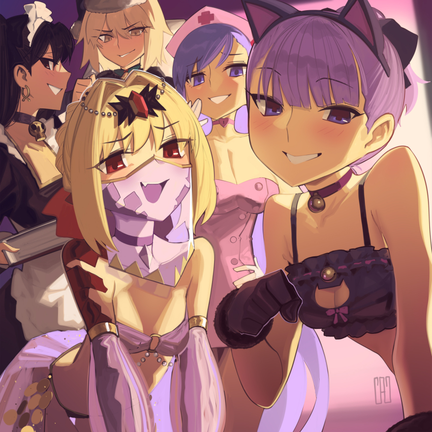 5girls, armlet, artoria_pendragon_(fate), bare_shoulders, bb_(fate), black_hair, blonde_hair, braid, breasts, bun_with_braided_base, cad_(caddo), cat_cutout, cat_lingerie, clothing_cutout, fate/grand_order, fate_(series), hair_bun, helena_blavatsky_(fate), highres, ishtar_(fate), jewelry, large_breasts, long_hair, looking_at_viewer, multiple_girls, nero_claudius_(fate), purple_hair, queen_draco_(fate), saber_alter, santa_alter, small_breasts