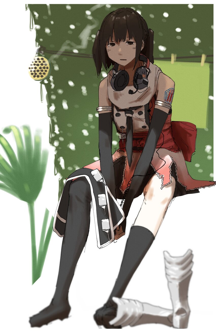 1girl, absurdres, bare_shoulders, black_gloves, black_hair, black_neckerchief, black_skirt, black_thighhighs