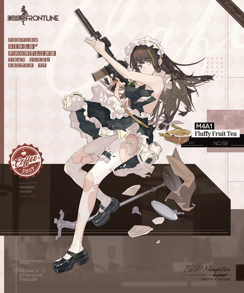 1girl, apron, arm_up, assault_rifle, bag, black_dress, black_shoes, bonnet