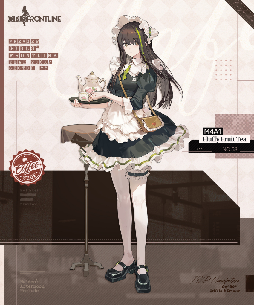 1girl, apron, bag, black_dress, black_shoes, bonnet, brown_background, brown_bag, brown_eyes, brown_hair, character_name, closed_mouth, commentary, copyright_name, cup, dress, english_commentary, english_text, frilled_thigh_strap, full_body, girls'_frontline, green_hair, green_necktie, hair_between_eyes, handbag, highres, holding, holding_cup, holding_tray, long_hair, looking_at_viewer, m4a1_(fluffy_fruit_tea)_(girls'_frontline), m4a1_(girls'_frontline), maid, maid_apron, mary_janes, multicolored_background, multicolored_hair, necktie, official_alternate_costume, official_art, pantyhose, promotional_art, puffy_sleeves, second-party_source, shoes, short_necktie, simple_background, smile, solo, standing, streaked_hair, table, teacup, teapot, thigh_strap, tray, umo_(mica_team), white_apron, white_background, white_pantyhose
