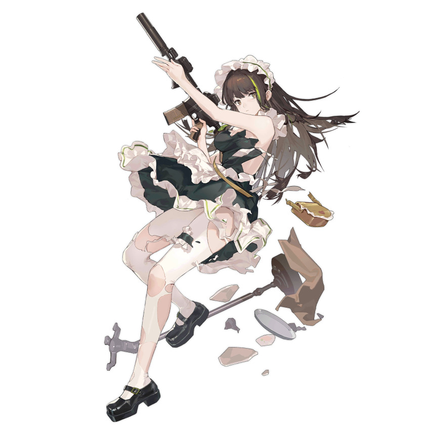 1girl, apron, arm_up, assault_rifle, bag, black_dress, black_shoes, bonnet