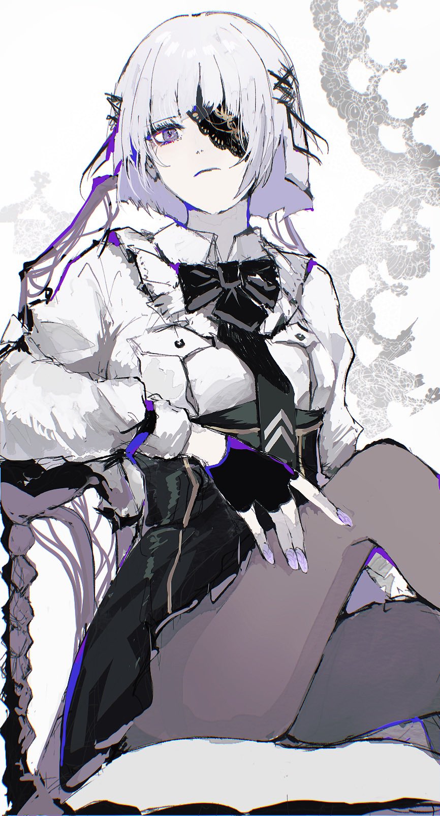 1girl, black_bow, black_bowtie, black_gloves, black_necktie, black_skirt, bow, bowtie