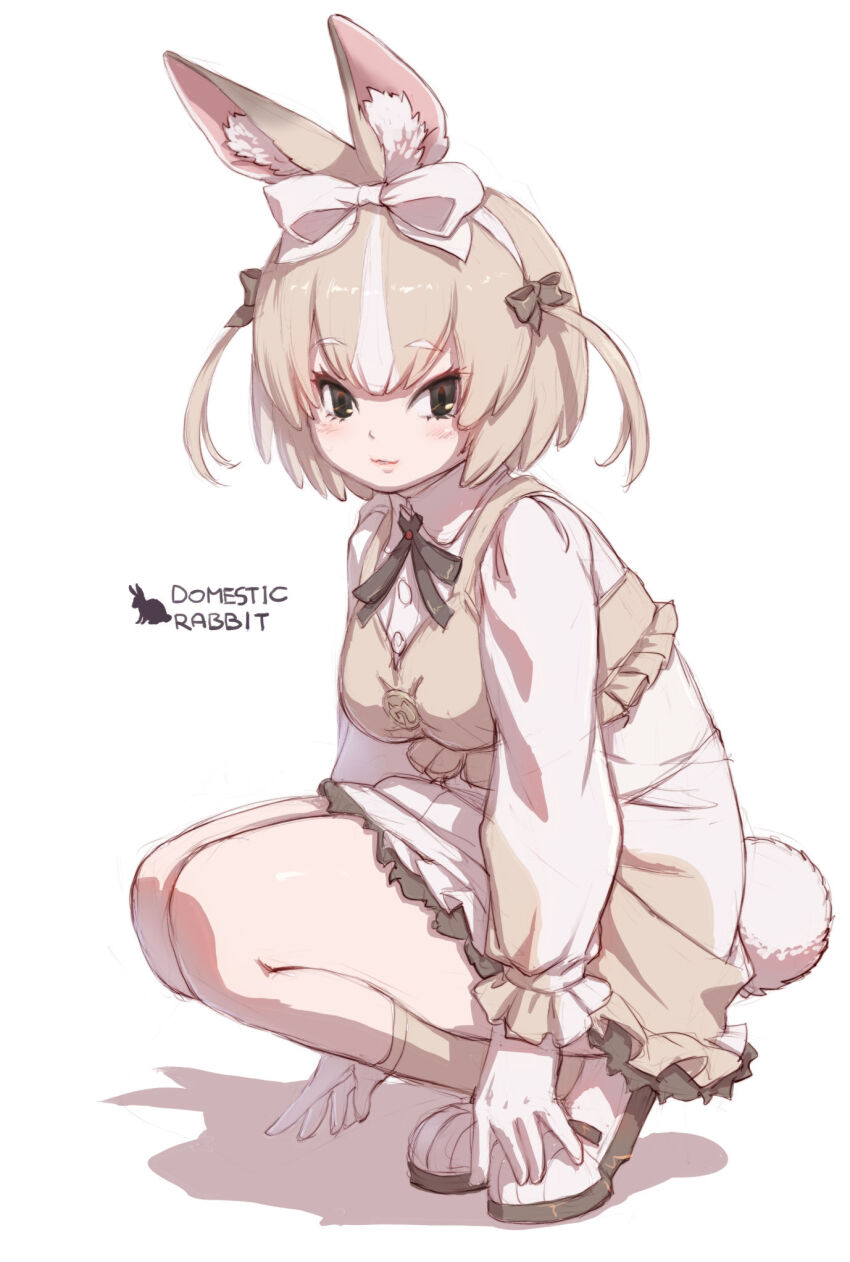 1girl, :3, animal_ears, black_bow, black_bowtie, blush, bow, bowtie, brown_bow, brown_dress, brown_eyes, brown_socks, brown_vest, collared_dress, domestic_rabbit_(kemono_friends), dress, frilled_dress, frilled_sleeves, frilled_vest, frills, full_body, gloves, hair_between_eyes, hair_bow, highres, kemono_friends, kosai_takayuki, light_brown_hair, long_sleeves, looking_at_viewer, multicolored_hair, puffy_sleeves, rabbit_ears, rabbit_girl, rabbit_tail, shoes, sidelocks, sneakers, socks, solo, squatting, tail, two-tone_dress, two-tone_hair, vest, white_bow, white_dress, white_gloves, white_hair, white_shoes
