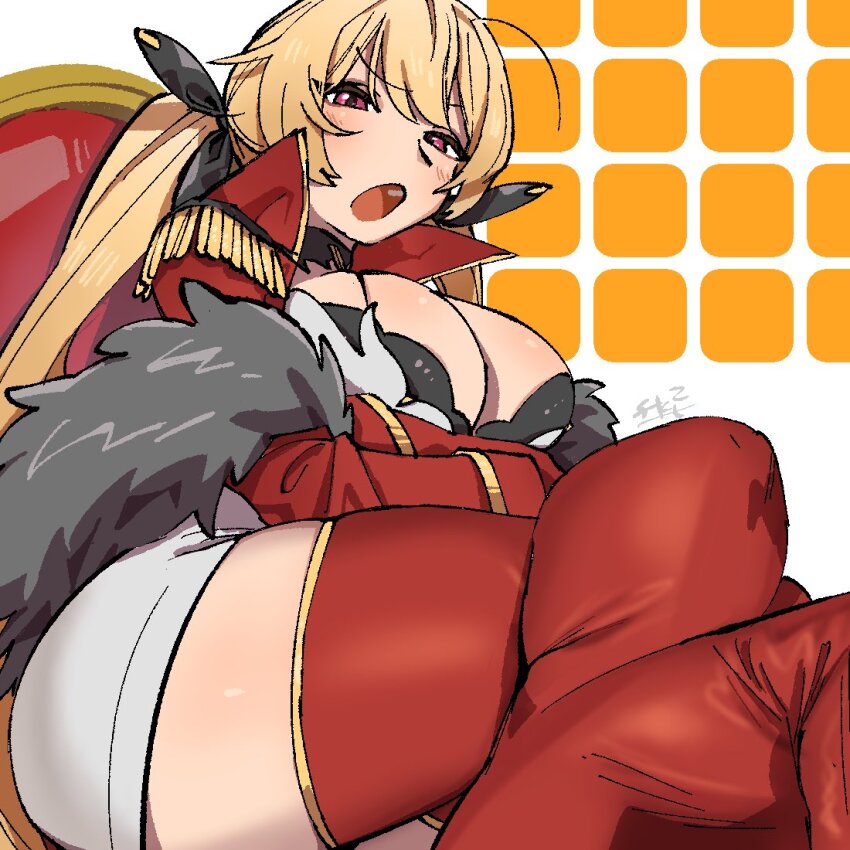 1girl, azur_lane, black_ribbon, blonde_hair, boots, breasts, coat, crossed_arms