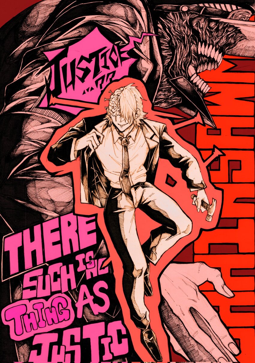 2boys, adjusting_clothes, black_footwear, black_jacket, brain, chainsaw_man, english_text, exposed_brain