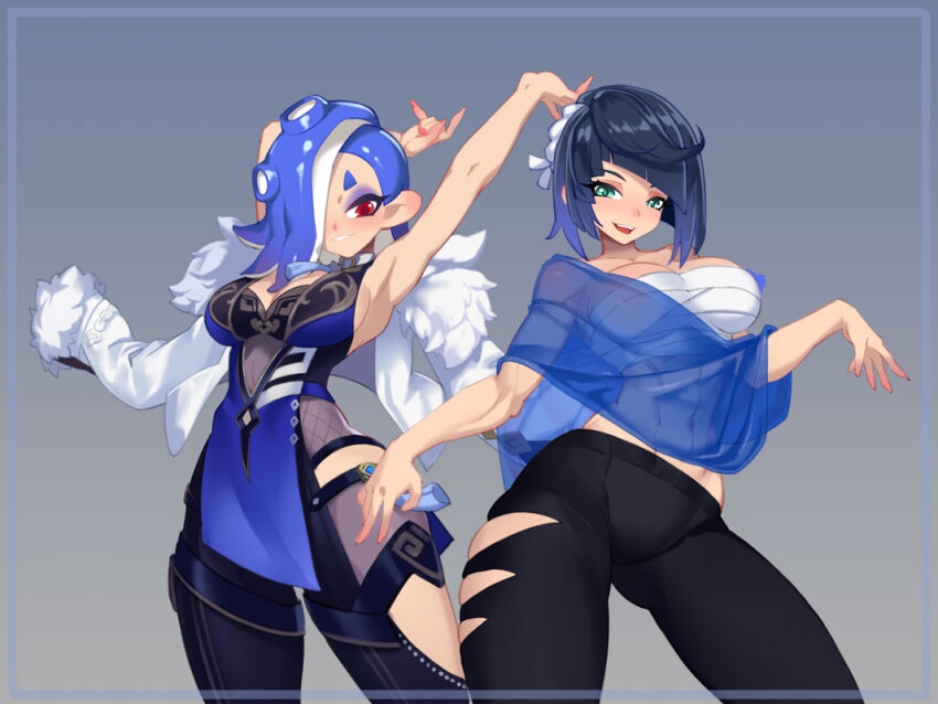 2girls, alternate_costume, arms_up, bandages, black_hair, black_pants, blue_dress, blue_hair
