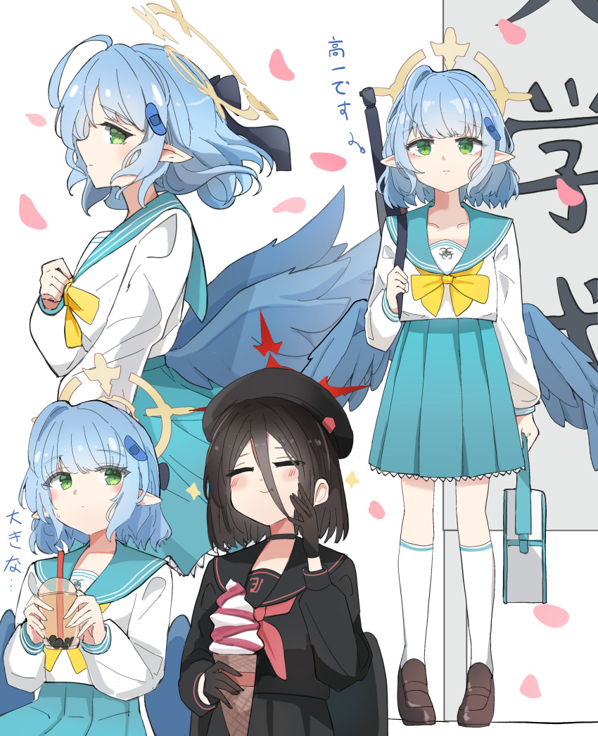 2girls, =_=, absurdres, aged_down, ahoge, aqua_skirt, bandaid, bandaid_hair_ornament