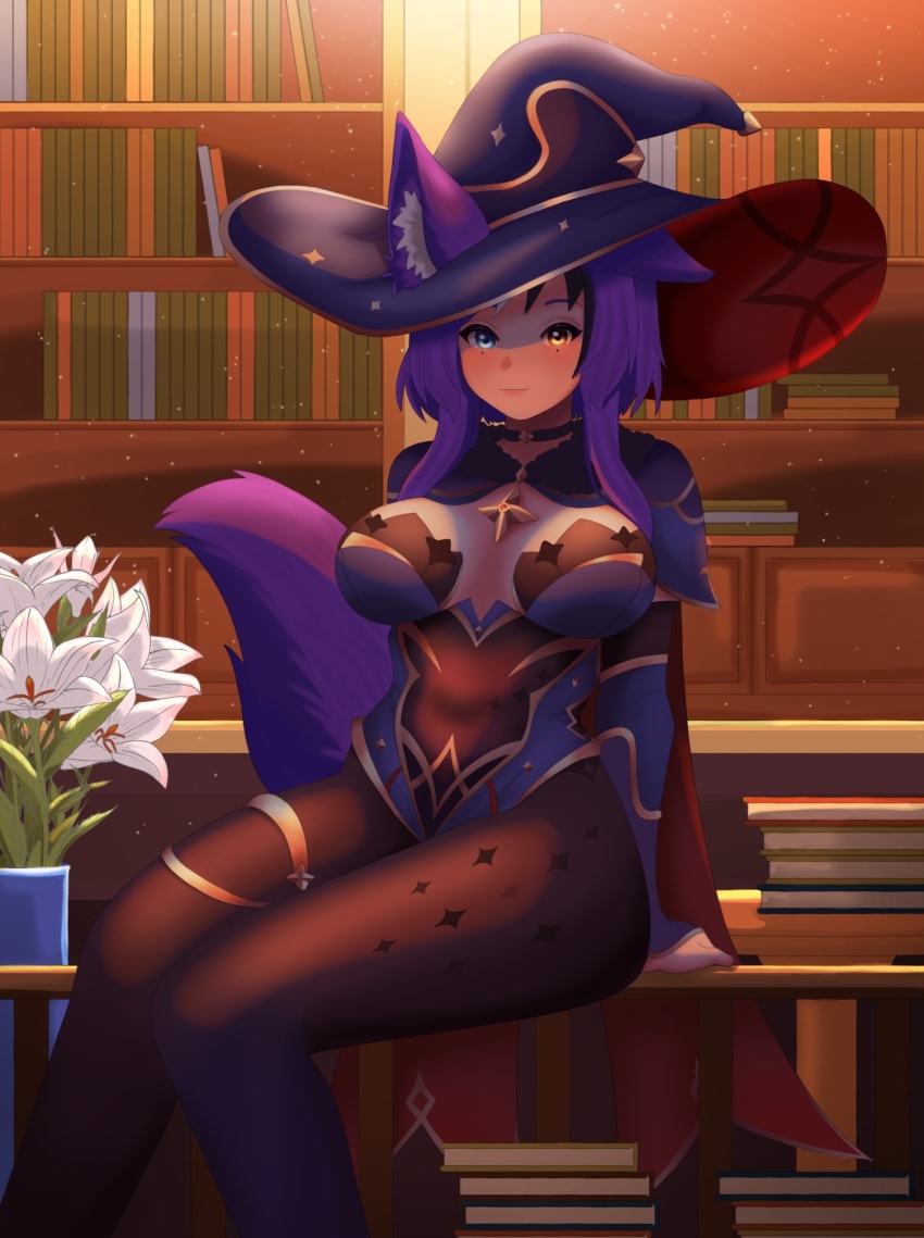 1girl, animal_ear_fluff, animal_ears, artist_name, awful_queen_(vtuber), bad_source, book, breasts, cosplay, flower, fox_ears, fox_girl, genshin_impact, heterochromia, highres, indie_virtual_youtuber, large_breasts, library, looking_at_viewer, mole, mole_under_eye, mona_(genshin_impact), mona_(genshin_impact)_(cosplay), monster_girl, niquti, purple_hair, virtual_youtuber