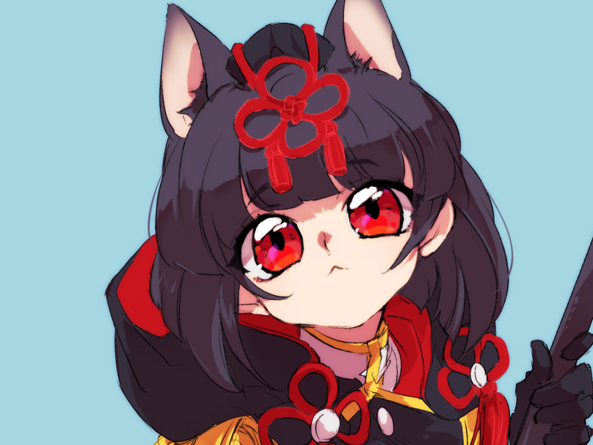 :<, animal_ears, black_cloak, black_gloves, black_hair, blue_background, cat_ears, cat_girl