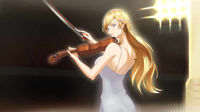 1girl, absurdres, artist_name, blonde_hair, blue_eyes, blurry, blurry_background, bow_(music), commentary, dress, english_commentary, hair_ornament, hairclip, highres, holding, holding_instrument, holding_violin, indoors, instrument, miyazono_kawori, music, playing_instrument, rezzealaux, shigatsu_wa_kimi_no_uso, solo, standing, violin
