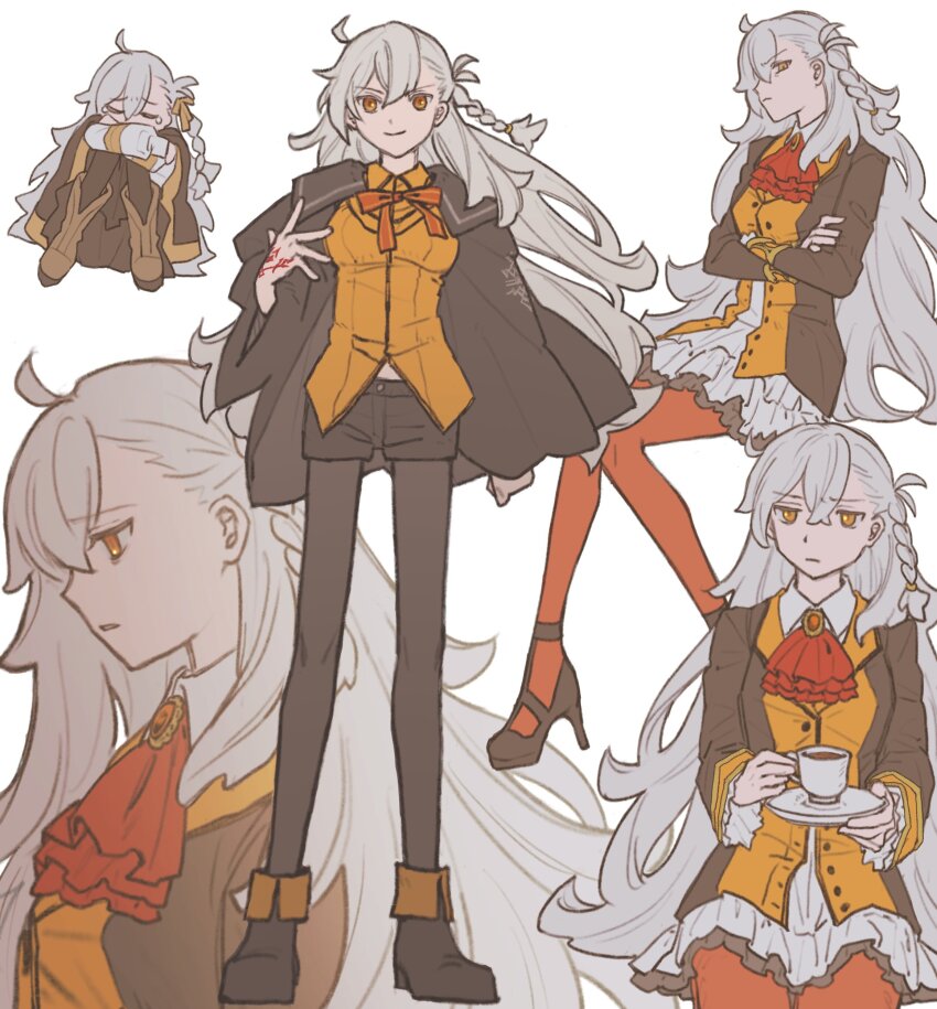 1girl, absurdres, aged_down, ahoge, arm_at_side, ascot, black_footwear, black_jacket