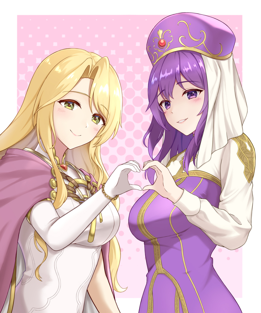 2girls, blonde_hair, breasts, cape, dress, elbow_gloves, eremiya_(fire_emblem), fire_emblem