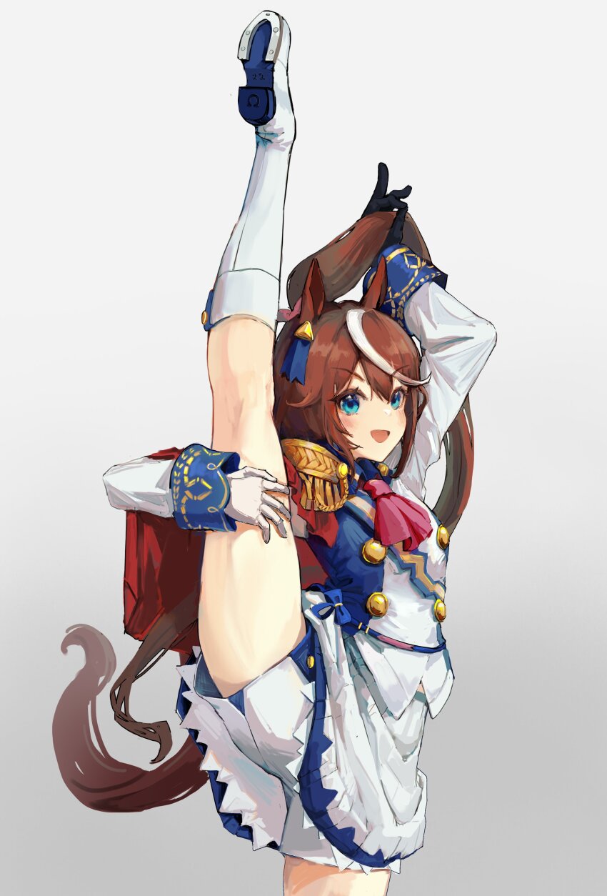 1girl, absurdres, animal_ears, arm_up, ascot, asymmetrical_gloves, black_gloves, blue_eyes