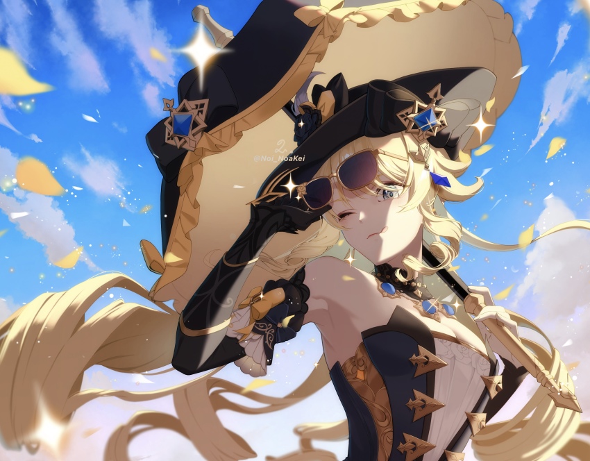 1girl, :q, \||/, absurdres, adjusting_eyewear, armpits, bare_shoulders, black_bow, black_flower, black_gloves, black_hat, black_rose, black_sleeves, blonde_hair, blue_eyes, blue_gem, blue_sky, blurry, bow, breasts, cleavage, closed_mouth, cloud, cloudy_sky, depth_of_field, detached_sleeves, dress, drill_hair, drill_sidelocks, eyewear_on_head, falling_petals, feathers, flower, gem, genshin_impact, gloves, gold_trim, hands_up, hat, hat_bow, hat_feather, hat_flower, hat_ornament, highres, holding, holding_umbrella, jewelry, light_smile, long_hair, long_sleeves, looking_at_viewer, medium_breasts, navia_(genshin_impact), necklace, noi_noakei, one_eye_closed, orange_bow, outdoors, petals, rose, sidelocks, single_glove, sky, sleeveless, sleeveless_dress, solo, sparkle, sparkling_eyes, strapless, strapless_dress, sunglasses, tongue, tongue_out, twitter_username, umbrella, upper_body, white_feathers, yellow-framed_eyewear, yellow_petals