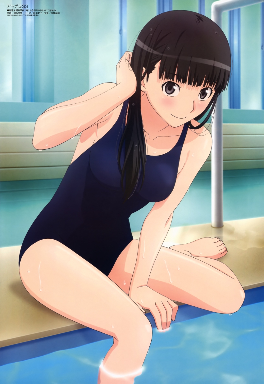 1girl, absurdres, adjusting_hair, amagami, ayatsuji_tsukasa, barefoot, black_eyes, black_hair, blush, feet, female_focus, highres, indoors, long_hair, megami_magazine, moroishi_miyuki, new_school_swimsuit, official_art, one-piece_swimsuit, pool, pool_ladder, poolside, school_swimsuit, sitting, smile, soaking_feet, solo, swimsuit, toes, water, wet