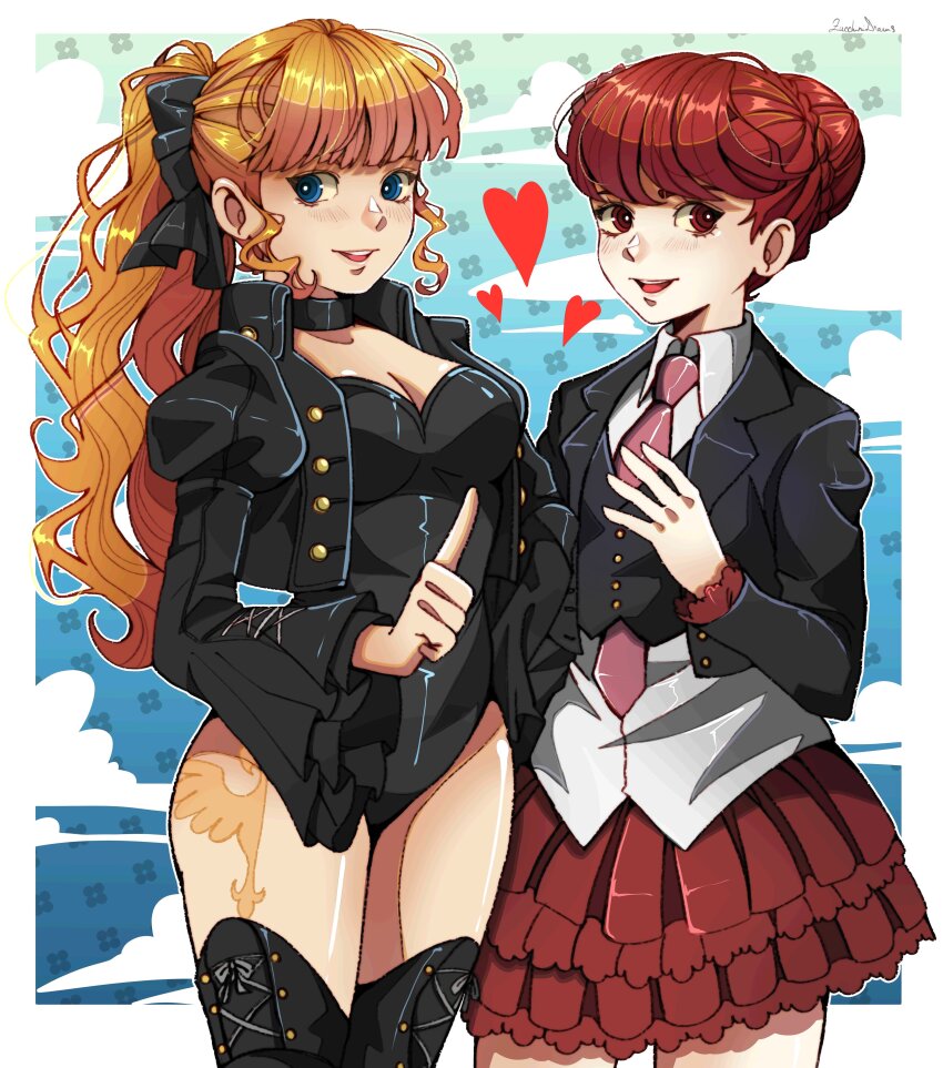 2girls, absurdres, alternate_hairstyle, beatrice_(umineko), beatrice_(umineko)_(cosplay), black_bow, black_leotard, blonde_hair, blue_eyes, boots, bow, braid, breasts, bun_with_braided_base, collared_shirt, cosplay, costume_switch, crossover, frilled_skirt, frills, hair_bow, hair_bun, hairstyle_switch, heart, highres, jacket, leg_tattoo, leotard, medium_breasts, megami_tensei, multiple_girls, necktie, persona, persona_5, persona_5_the_royal, pink_necktie, ponytail, red_eyes, red_hair, shirt, skirt, tattoo, thigh_boots, umineko_no_naku_koro_ni, vest, violet_(persona_5), waistcoat, yoshizawa_kasumi, yoshizawa_kasumi_(cosplay), zucchinidraws