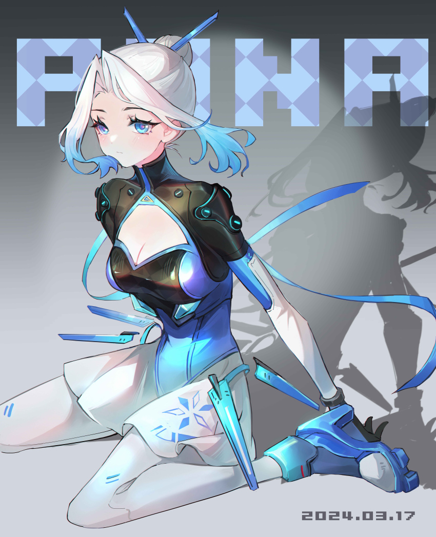 1girl, absurdres, black_gloves, blue_boots, blue_eyes, blue_hair, blue_leotard, blush