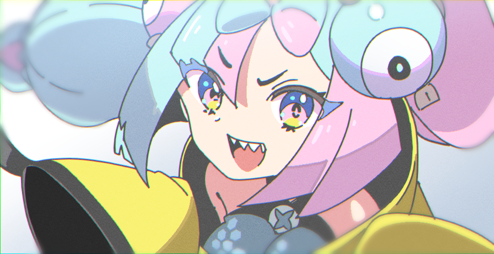 1girl, :d, bare_shoulders, blue_hair, bow-shaped_hair, character_hair_ornament, hair_ornament, iono_(pokemon), jacket, long_hair, long_sleeves, looking_at_viewer, momo_kekoko, multicolored_hair, nintendo, open_mouth, pink_eyes, pink_hair, pokemon, pokemon_scarlet_and_violet, sharp_teeth, sleeves_past_fingers, sleeves_past_wrists, smile, solo, teeth, two-tone_hair, upper_body, upper_teeth_only, yellow_jacket