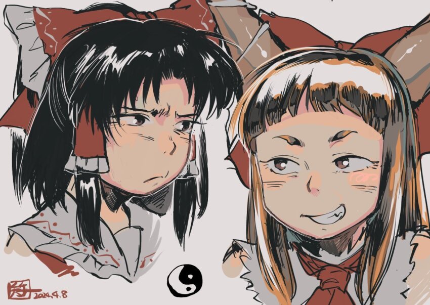 2girls, black_hair, blunt_bangs, bow, brown_eyes, brown_hair, brown_horns, commentary_request